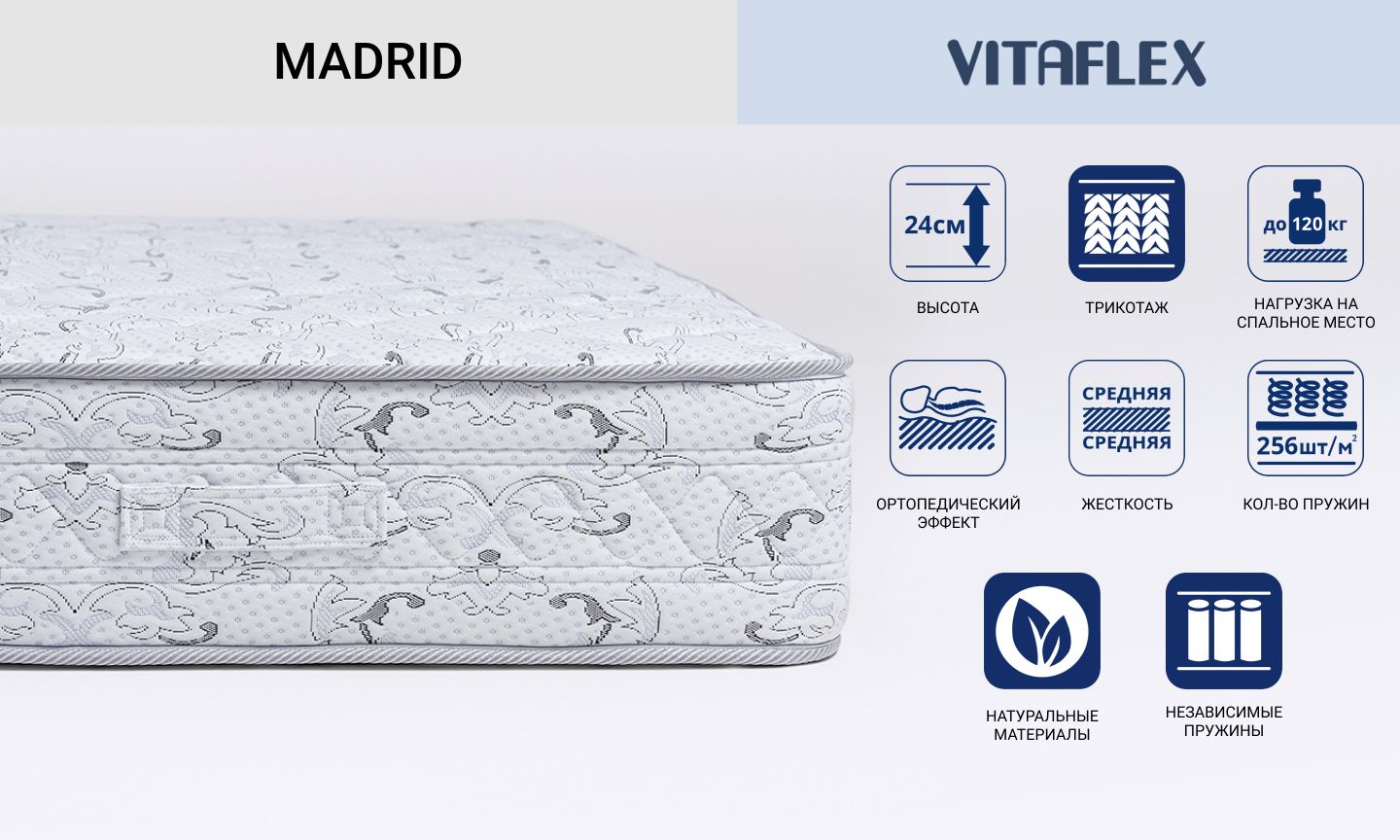 Двухсторонний матрас Vitaflex серии Madrid с независимыми бочкообразными пружинами